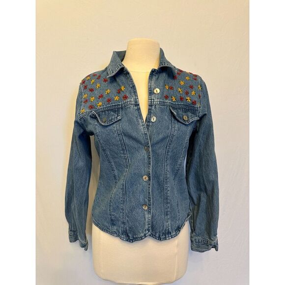 Vintage Denim Jacket with Embroidered Flowers Size Medium - Picture 5 of 10